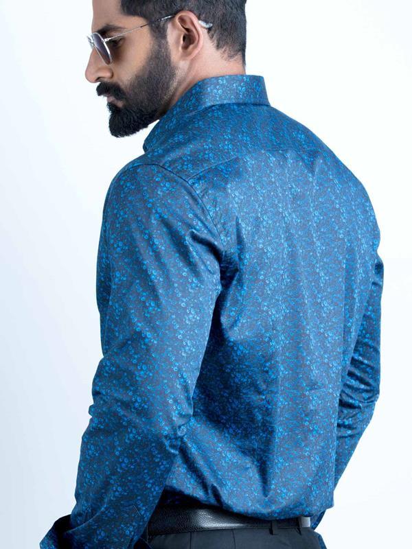 Angello Cobalt Printed Full Sleeve Single Cuff Slim Fit Party Wear Blended Shirt
