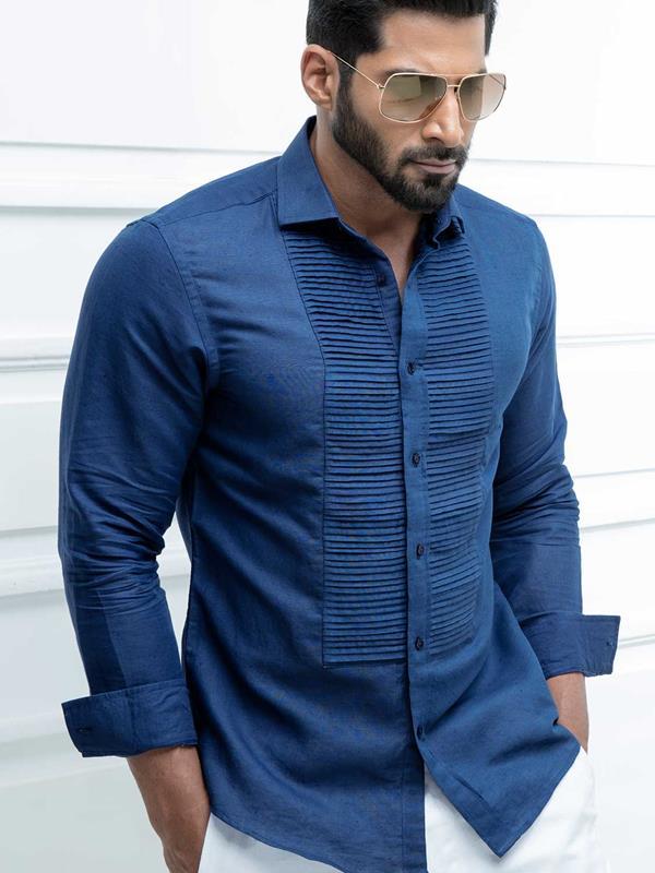 Armin Navy Solid Full Sleeve Single Cuff Slim Fit Party Wear Blended Shirt