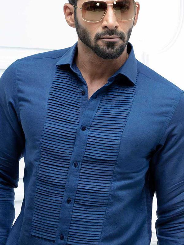 Armin Navy Solid Full Sleeve Single Cuff Slim Fit Party Wear Blended Shirt
