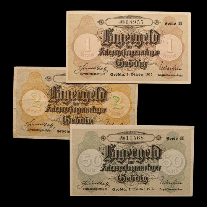 Austro-Hungarian Empire, Grödig POW Camp, 1, 2 Krone & 50 Hellers (3 Notes)