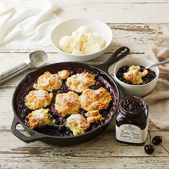 bada bing cherry cobbler in cast iron skillet with vanilla ice cream stonewall kitchen bada bing cherry jam