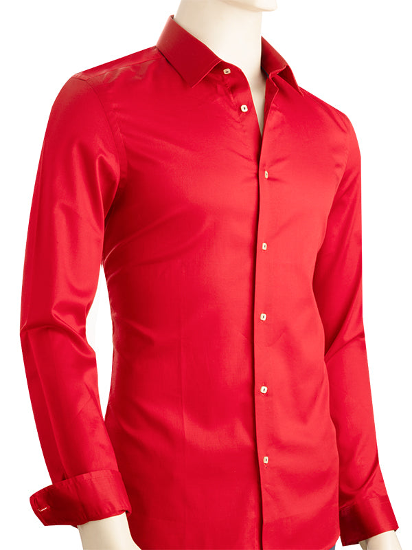 Bercy Red Solid Full Sleeve Single Cuff Slim Fit Party Wear Blended Shirt