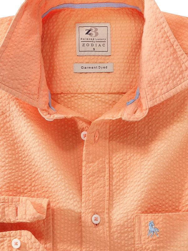 Berlin Seersucker Orange Solid Full Sleeve Tailored Fit Casual Cotton Shirt