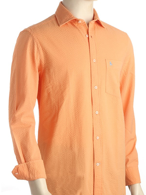 Berlin Seersucker Orange Solid Full Sleeve Tailored Fit Casual Cotton Shirt