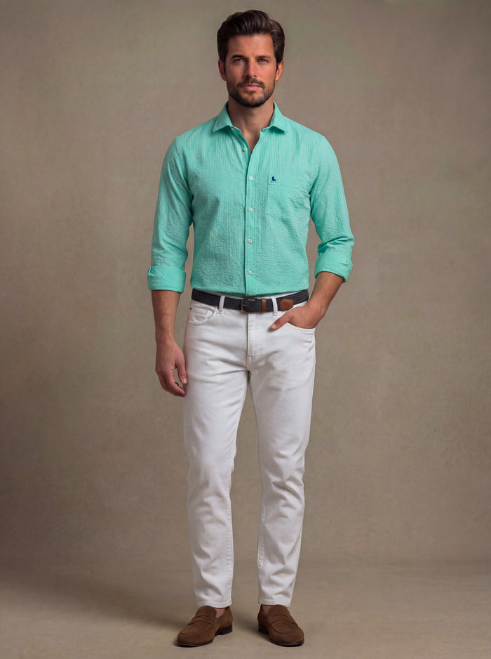 Berlin Seersucker Turquoise Solid Full Sleeve Tailored Fit Casual Cotton Shirt