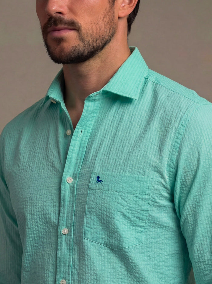 Berlin Seersucker Turquoise Solid Full Sleeve Tailored Fit Casual Cotton Shirt