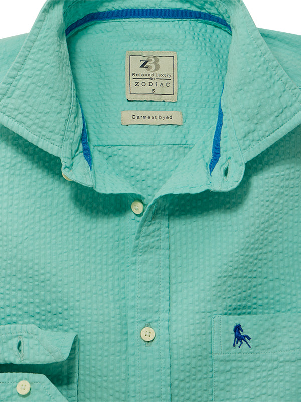 Berlin Seersucker Turquoise Solid Full Sleeve Tailored Fit Casual Cotton Shirt