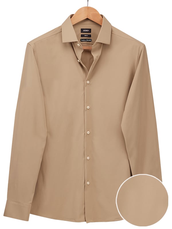 Beyer Beige Techno 4 Way Stretch Solid Full Sleeve Single Cuff Slim Fit Party Wear Blended Shirt