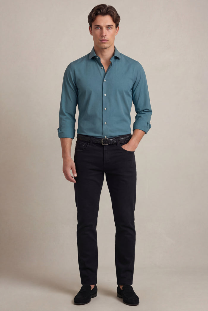 Beyer Teal Techno 4 Way Stretch Solid Full Sleeve Single Cuff Slim Fit Party Wear Blended Shirt