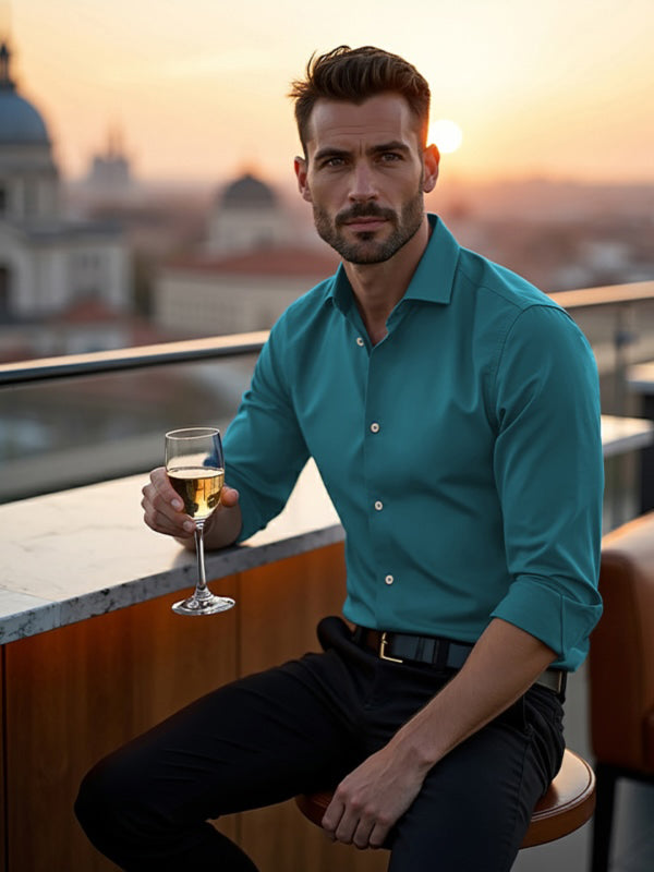 Beyer Teal Techno 4 Way Stretch Solid Full Sleeve Single Cuff Slim Fit Party Wear Blended Shirt