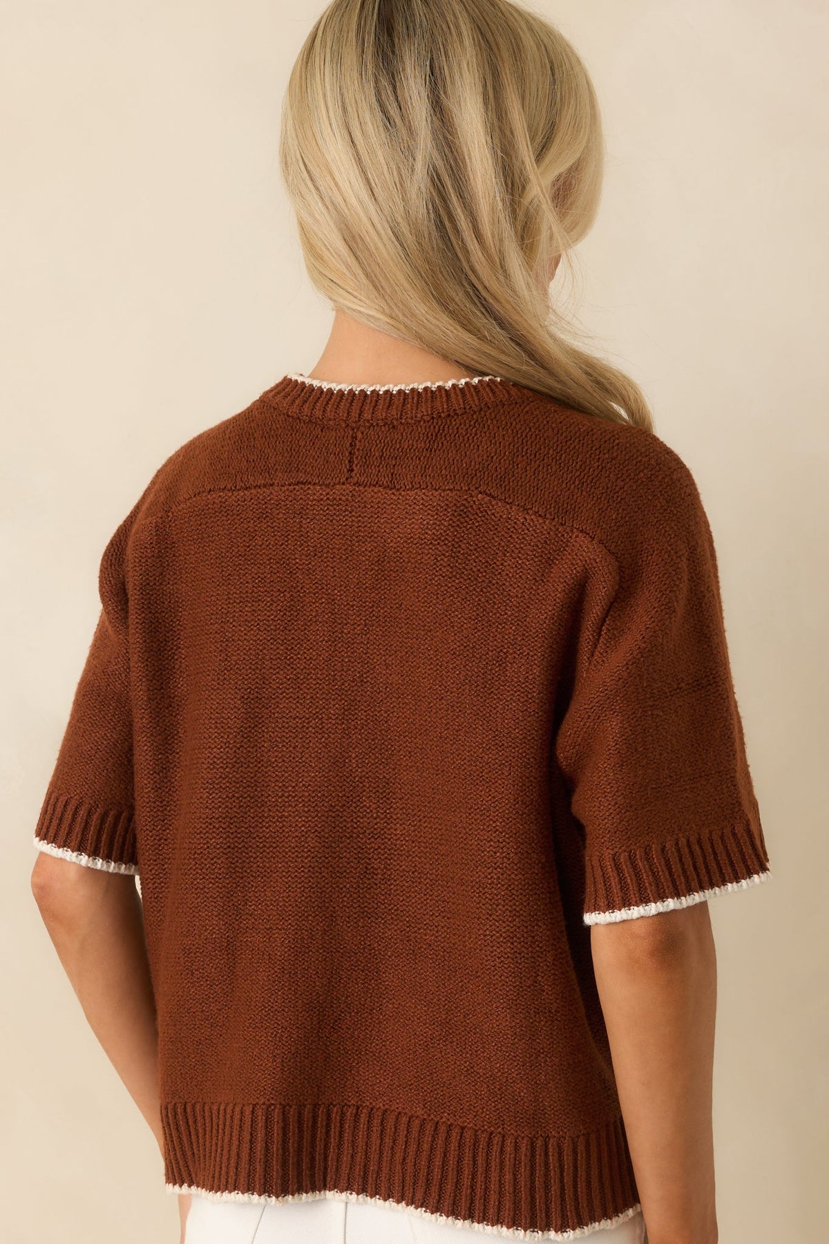 Never Looked Back Brown Contrast Trim Short Sleeve Sweater