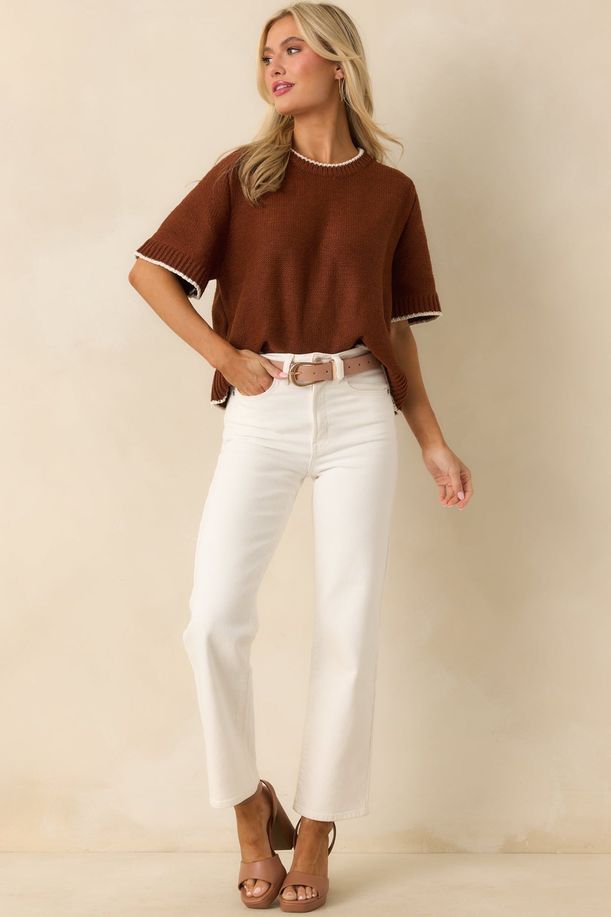 Never Looked Back Brown Contrast Trim Short Sleeve Sweater