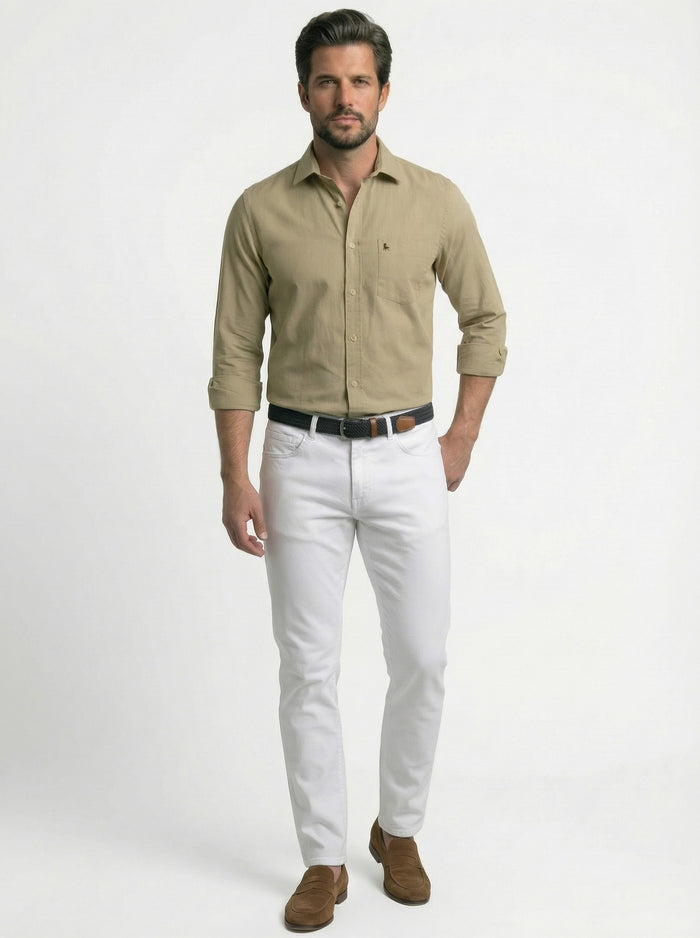 Bryson Dobby Garment Dyed Light Brown Striped Full Sleeve Tailored Fit Casual Cotton Shirt