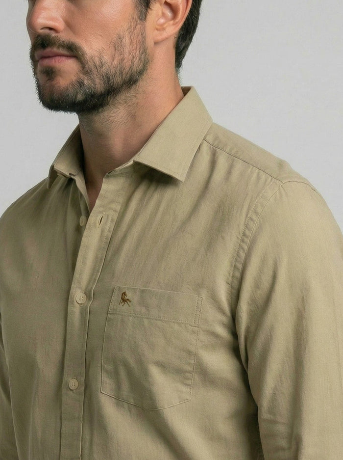 Bryson Dobby Garment Dyed Light Brown Striped Full Sleeve Tailored Fit Casual Cotton Shirt