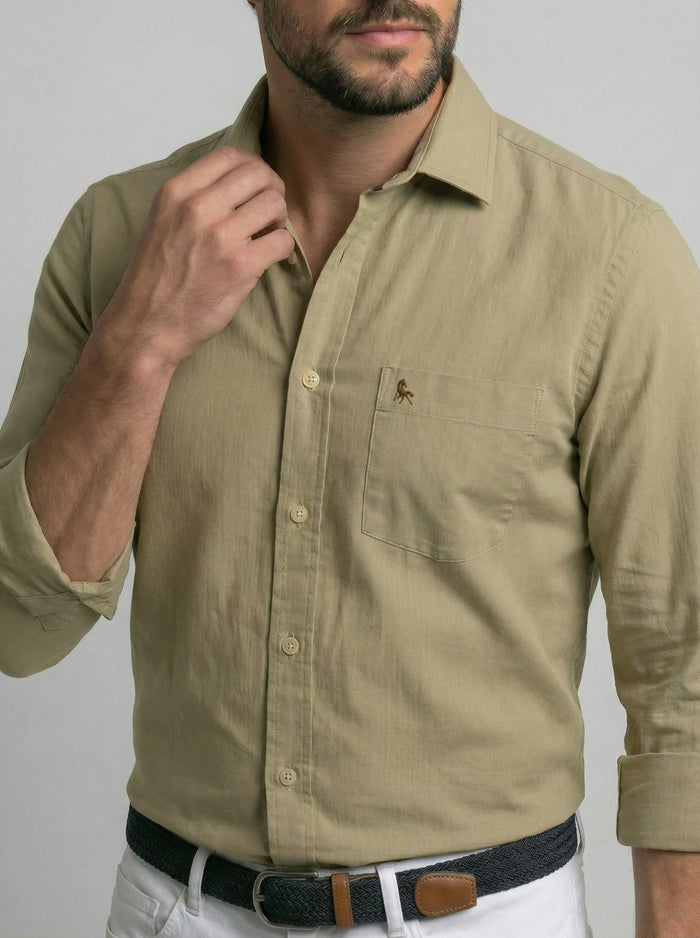 Bryson Dobby Garment Dyed Light Brown Striped Full Sleeve Tailored Fit Casual Cotton Shirt