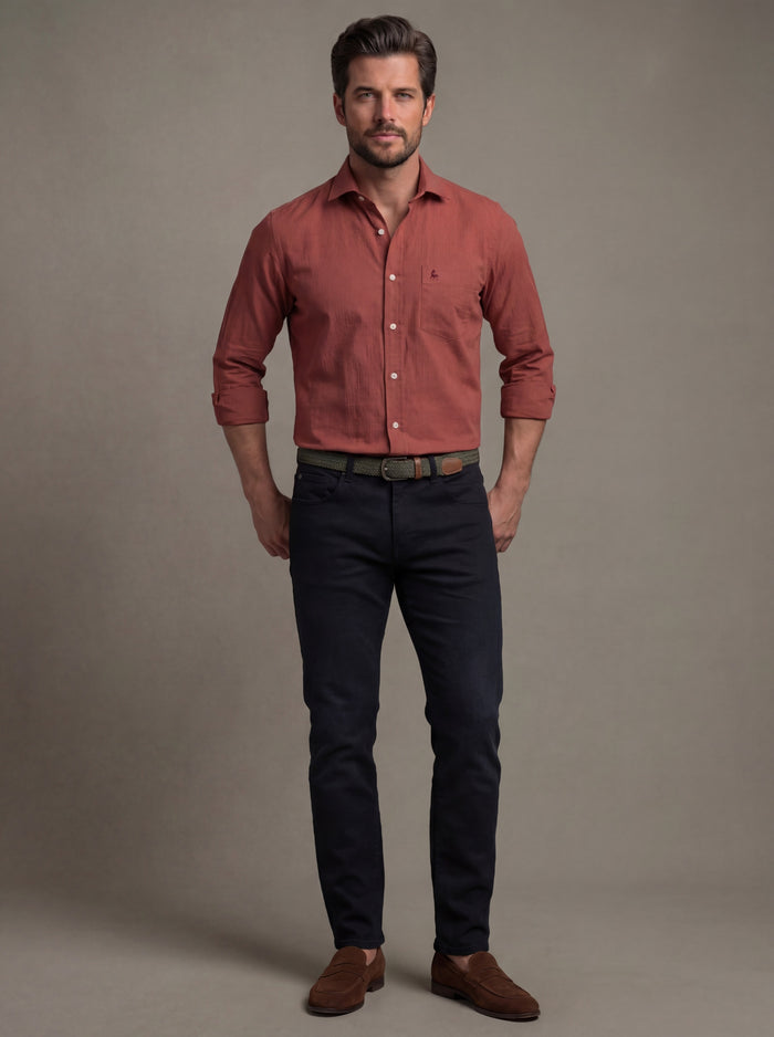 Bryson Dobby Garment Dyed Rust Striped Full Sleeve Tailored Fit Casual Cotton Shirt