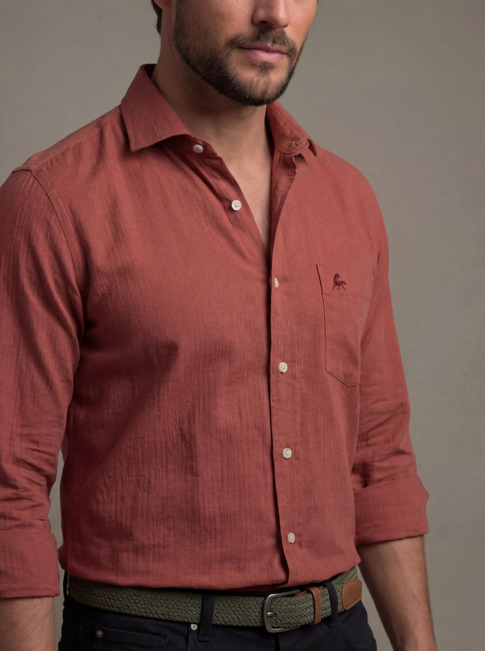 Bryson Dobby Garment Dyed Rust Striped Full Sleeve Tailored Fit Casual Cotton Shirt