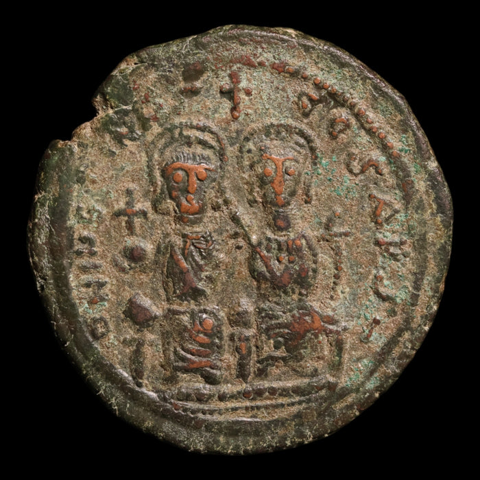 Byzantine Empire, Emperor Justin II (with Sophia), AE Follis - 567 to 568 CE - Byzantine Empire