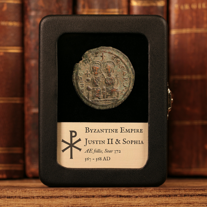 Byzantine Empire, Emperor Justin II (with Sophia), AE Follis - 567 to 568 CE - Byzantine Empire