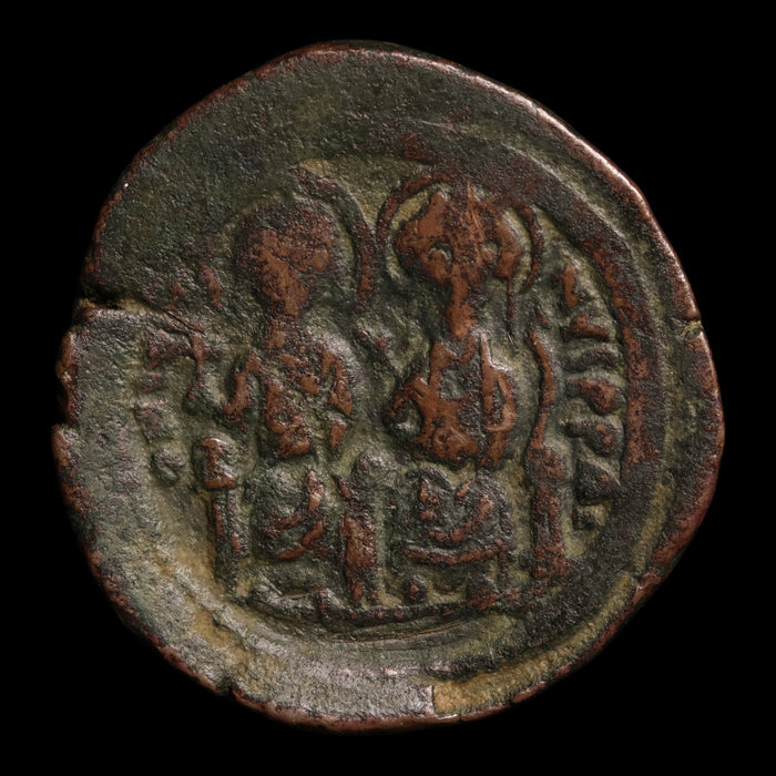 Byzantine Empire, Emperor Justin II (with Sophia), AE Follis - 568 to 569 CE - Byzantine Empire
