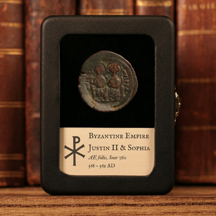 Byzantine Empire, Emperor Justin II (with Sophia), AE Follis - 568 to 569 CE - Byzantine Empire