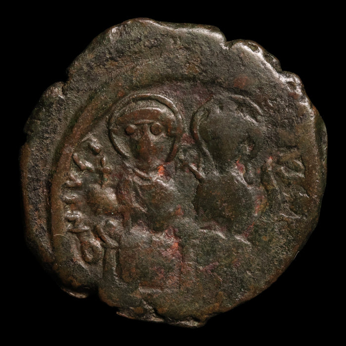 Byzantine Empire, Emperor Justin II (with Sophia), AE Follis - 574 to 575 CE - Byzantine Empire