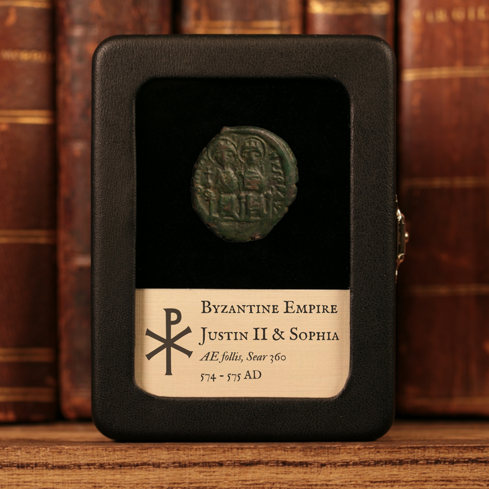 Byzantine Empire, Emperor Justin II (with Sophia), AE Follis - 574 to 575 CE - Byzantine Empire