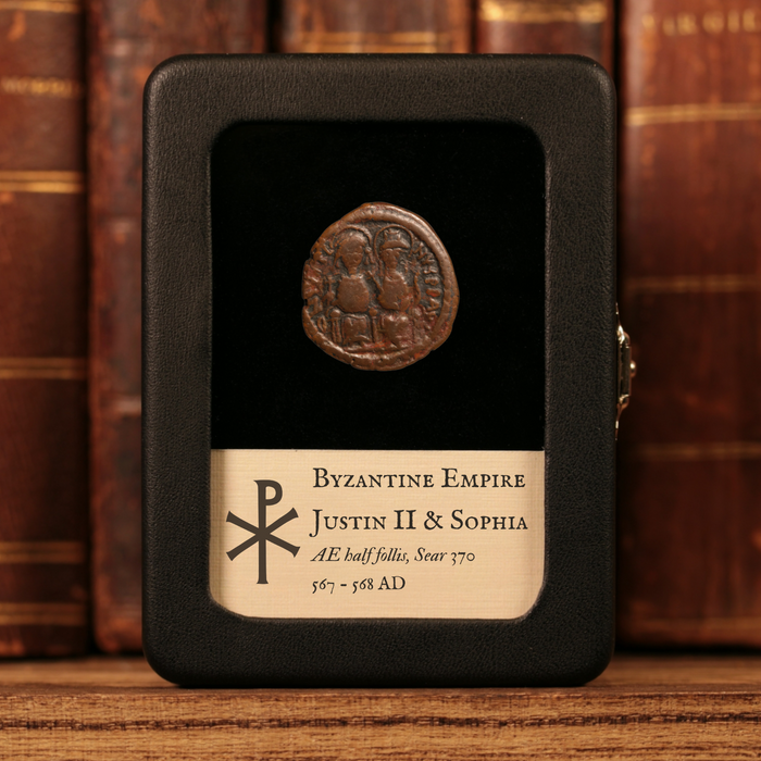 Byzantine Empire, Emperor Justin II (with Sophia), AE Half Follis - 567 to 568 CE - Byzantine Empire
