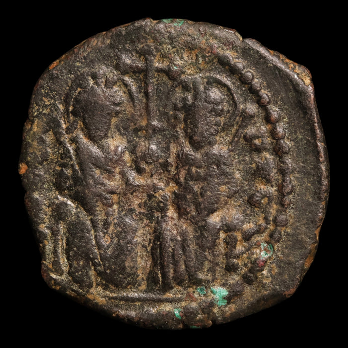 Byzantine Empire, Emperor Justin II (with Sophia), AE Half Follis - 576 to 577 CE - Byzantine Empire
