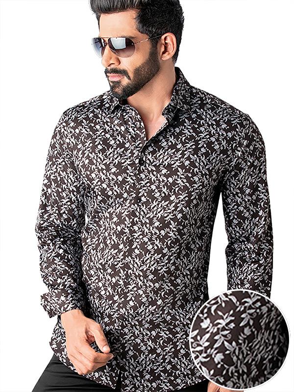 Calderoni Dark Grey Printed Full Sleeve Single Cuff Slim Fit Party Wear Blended Shirt