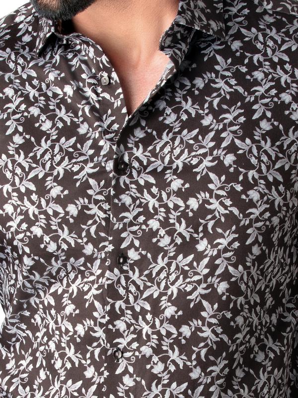 Calderoni Dark Grey Printed Full Sleeve Single Cuff Slim Fit Party Wear Blended Shirt