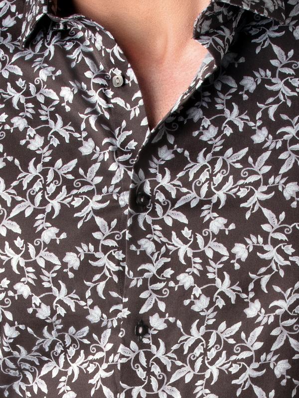 Calderoni Dark Grey Printed Full Sleeve Single Cuff Slim Fit Party Wear Blended Shirt