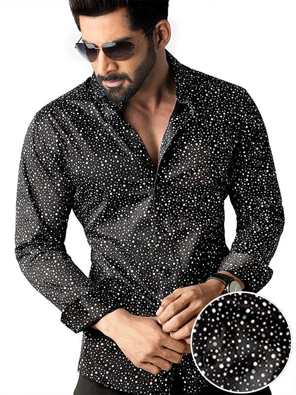 Chapo Black Printed Full Sleeve Single Cuff Slim Fit Party Wear Blended Shirt