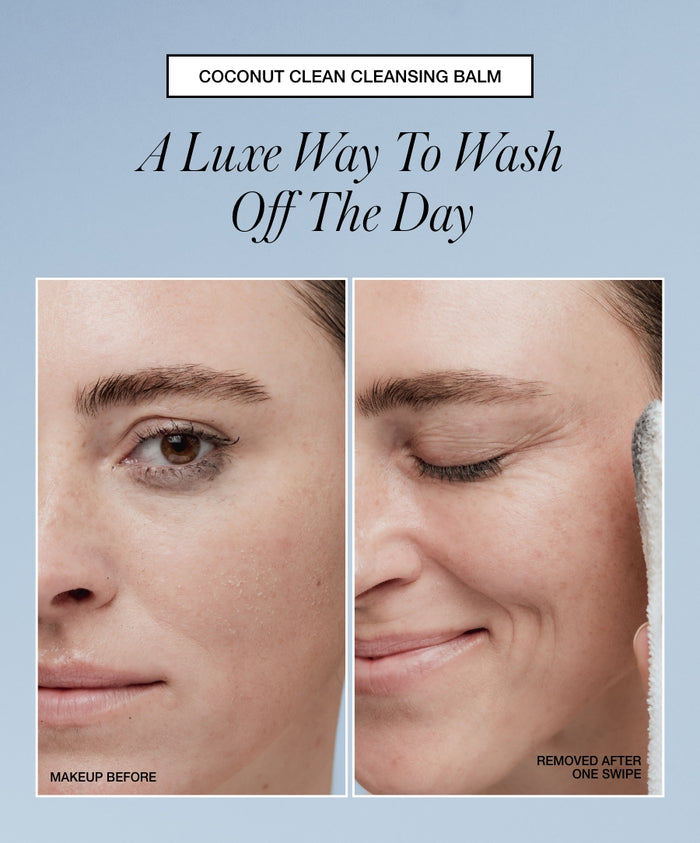Before and after comparison showing effective makeup removal using Coconut Clean Cleansing Balm on a woman's face, highlighting clean beauty and natural skincare results.