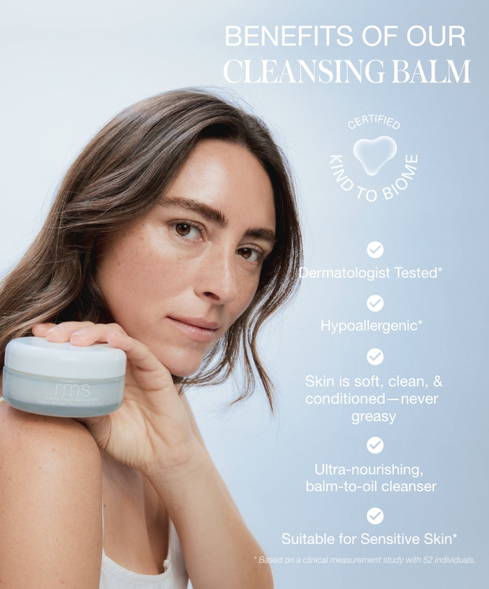 Woman with clear skin holding a jar of Coconut Clean Cleansing Balm next to a list of benefits including dermatologist tested, hypoallergenic, soft and clean skin, ultra-nourishing texture, and suitability for sensitive skin.