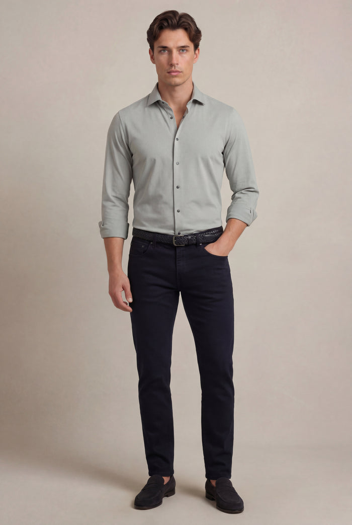 Cox Light Grey 4 Way Knitted Stretch Solid Full Sleeve Single Cuff Slim Fit Party Wear Blended Shirt