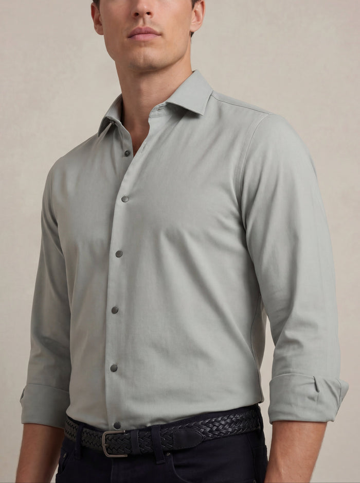Cox Light Grey 4 Way Knitted Stretch Solid Full Sleeve Single Cuff Slim Fit Party Wear Blended Shirt