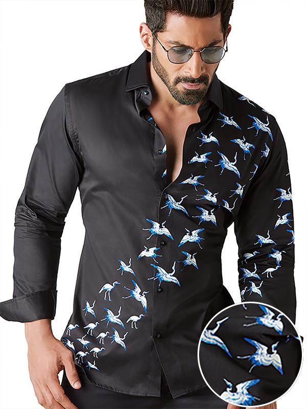 Crane Black Printed Full Sleeve Single Cuff Slim Fit Party Wear Blended Shirt