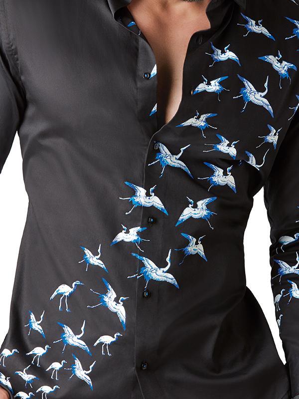Crane Black Printed Full Sleeve Single Cuff Slim Fit Party Wear Blended Shirt