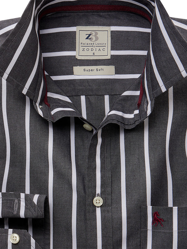 Daniil Dark Grey Striped Full Sleeve Tailored Fit Casual Cotton Shirt