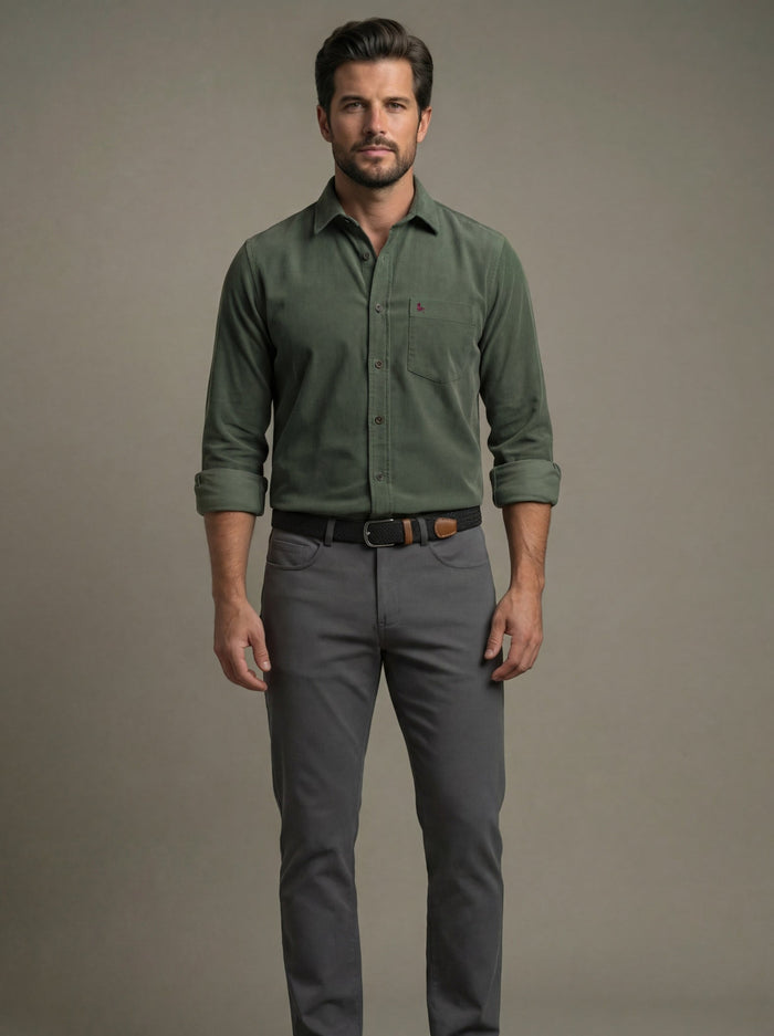 Detry Corduroy Garment Dyed Green Full Sleeve Tailored Fit Casual Cotton Shirt
