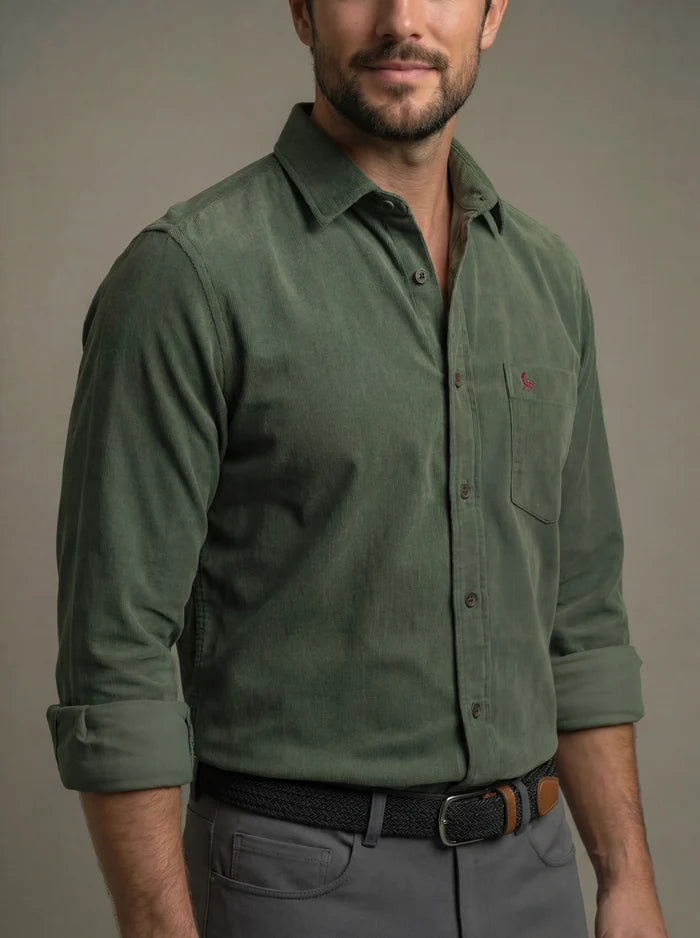 Detry Corduroy Garment Dyed Green Full Sleeve Tailored Fit Casual Cotton Shirt
