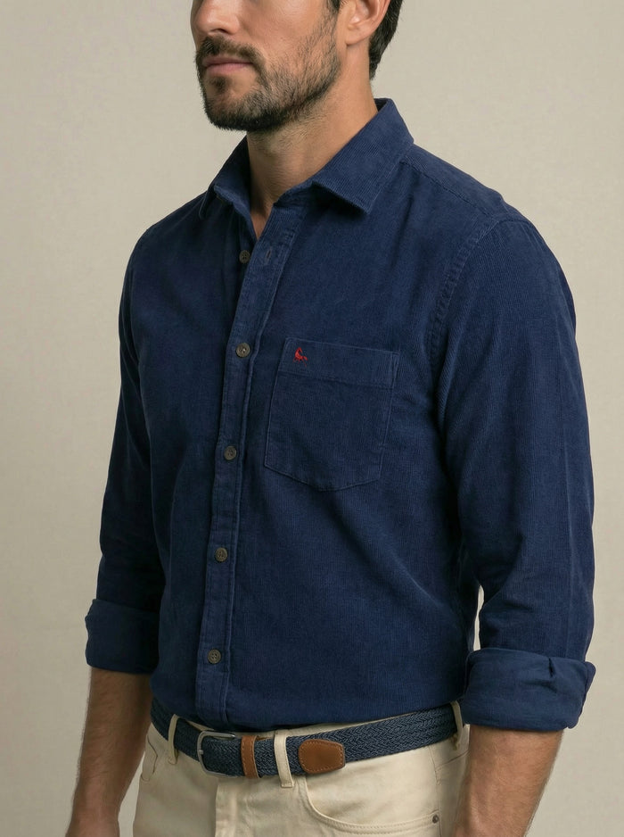 Detry Corduroy Garment Dyed Navy Full Sleeve Tailored Fit Casual Cotton Shirt