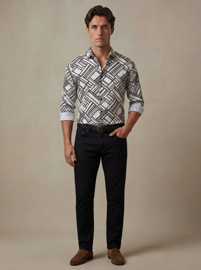 Diablo White Printed Full Sleeve Single Cuff Slim Fit Party Wear Viscose Shirt