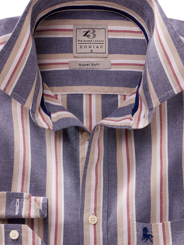 Dion Oxford Blue Striped Full Sleeve Tailored Fit Casual Cotton Shirt