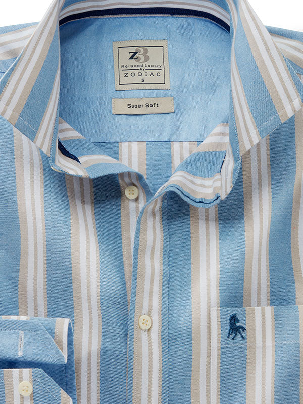 Erling Oxford Blue Striped Full Sleeve Tailored Fit Casual Cotton Shirt