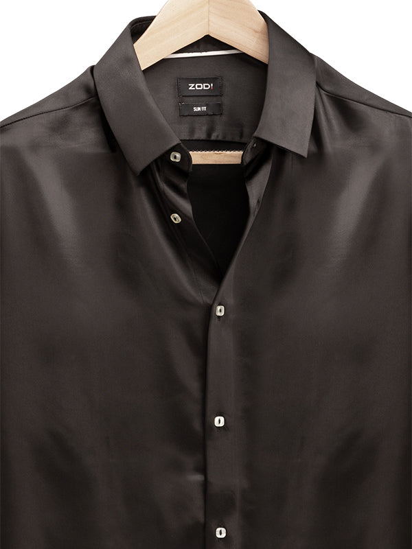 Fidel Black Satin Full Sleeve Single Cuff Slim Fit Party Wear Polyester Shirt