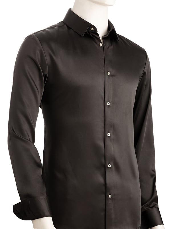 Fidel Black Satin Full Sleeve Single Cuff Slim Fit Party Wear Polyester Shirt