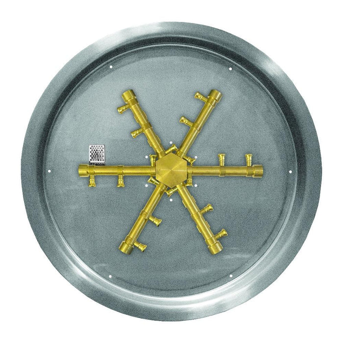 Firegear Pro Series Burning Spur brass burner mounted in a round stainless steel pan, designed for outdoor fire pit installations.