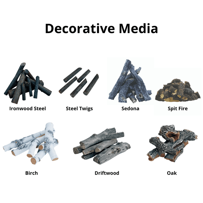 Decorative media options for Firegear Pro Series fire pits, including Ironwood Steel, Birch, Driftwood, Oak, and more.